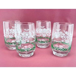 Vintage glass tumblers, 80s Dominion glass, white and green  prints